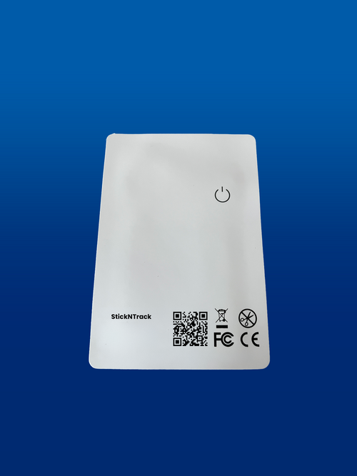 White bluetooth tracker with power symbol on a blue background