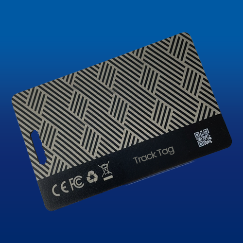 Black and gray patterned card with 'Track Tag' branding on a blue gradient background