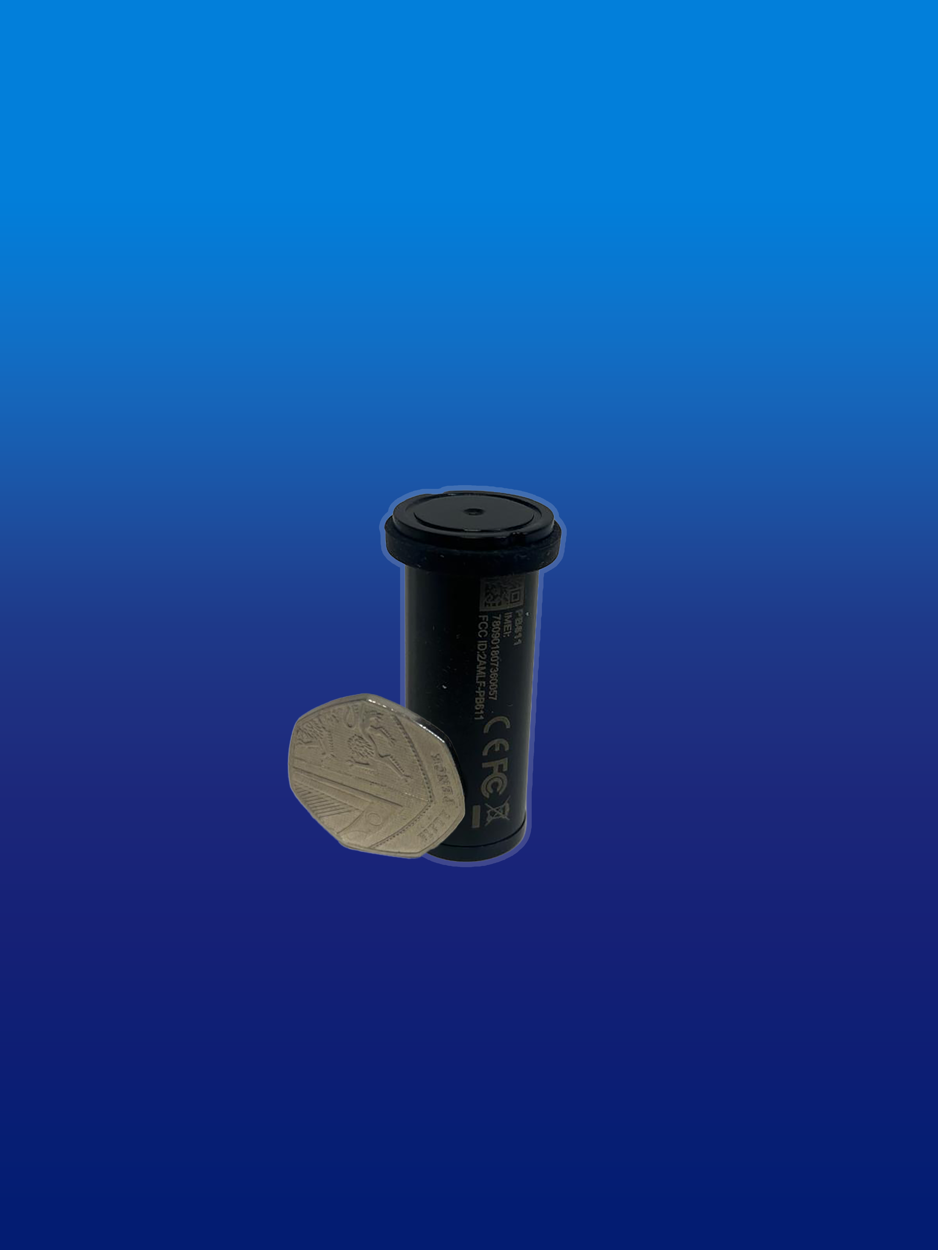 Black cylindrical container with on blue background